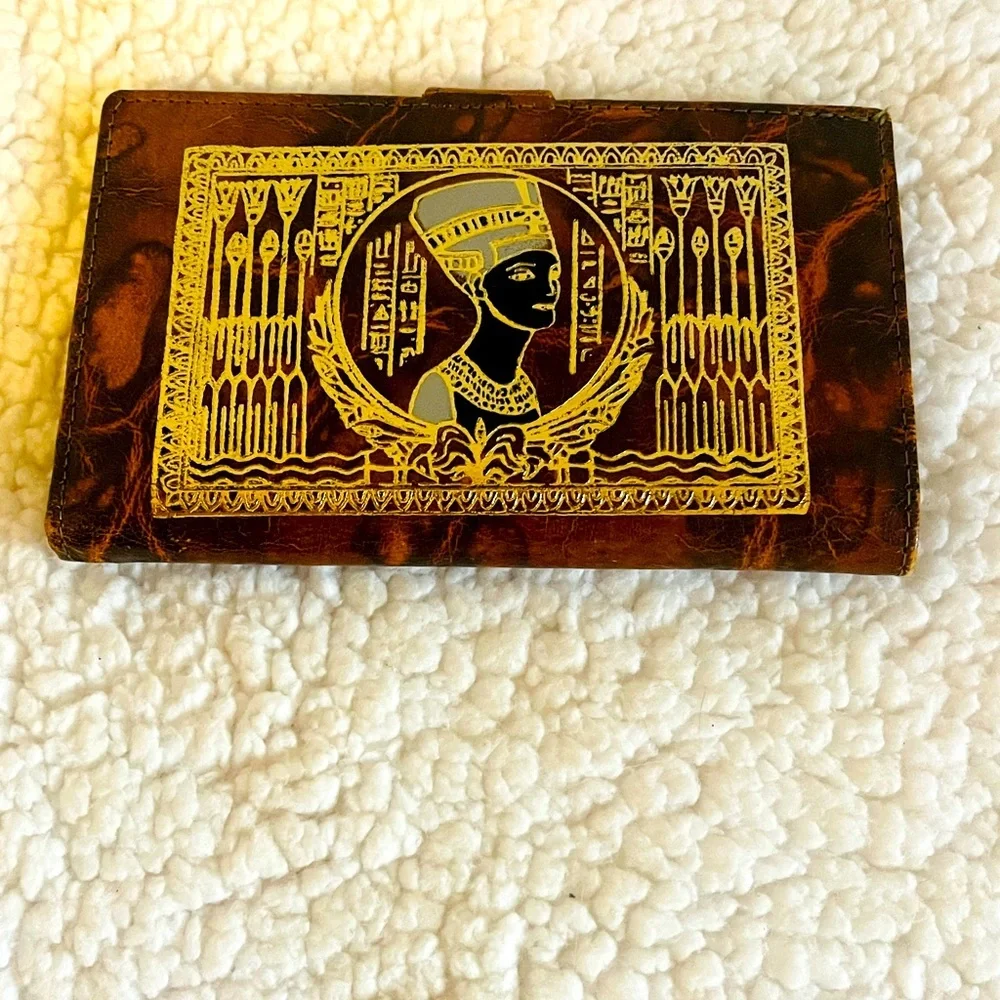 Egyptian Design Leather Women  Wallet 2 Tone Brown & Gold Made in Egypt
